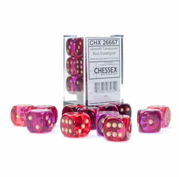 Chessex Gemini 16 mm D6 Transculent Red-Violet/Gold - 12 pcs
