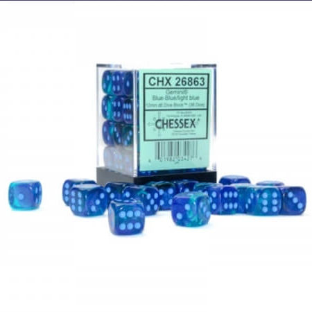 Set of Chessex 12mm d6 Dice Blocks - 36pcs - Blue-Blue/light blue Luminary