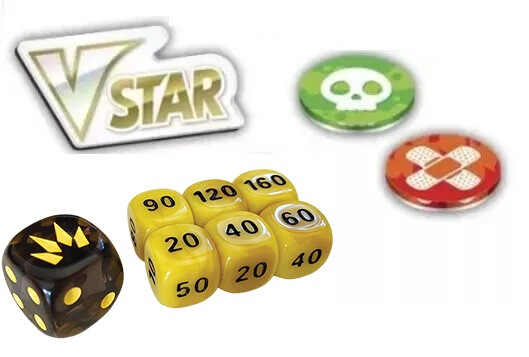 Pokémon dice and tokens from the Crown Zenith edition