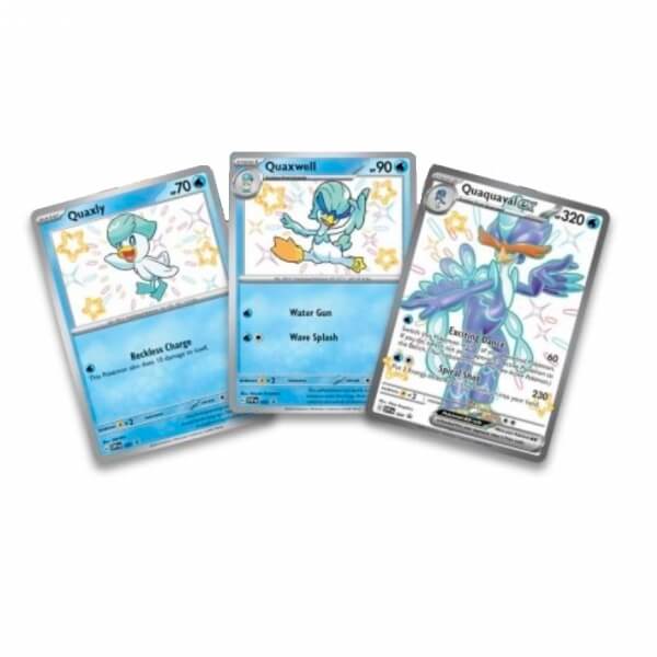 Pokémon Cards Paldean Fates evolution of 3 cards - Quaxly, Quaxwell and Quaquaval ex