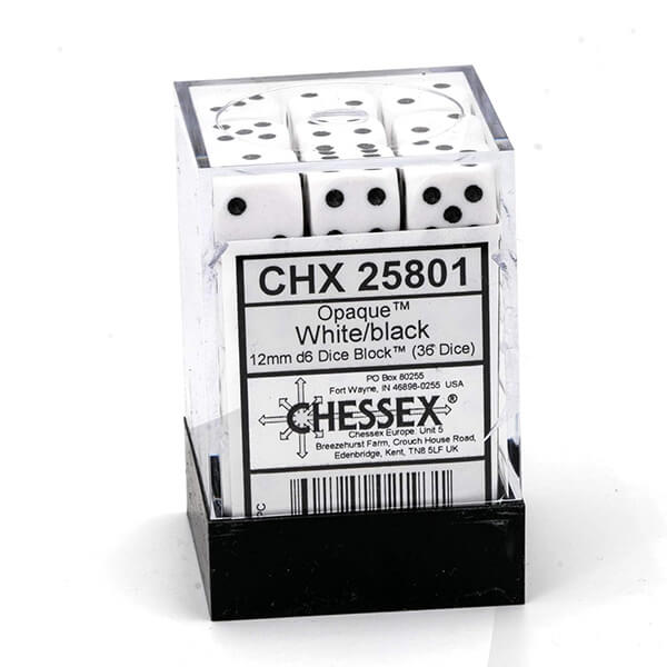 Set of Chessex White w/Black 12mm D6 Dice Blocks (25801) - 36pcs