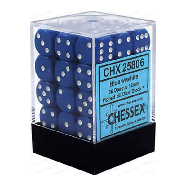 Set of Chessex Blue w/White 12mm D6 Dice Blocks (25806) - 36pcs