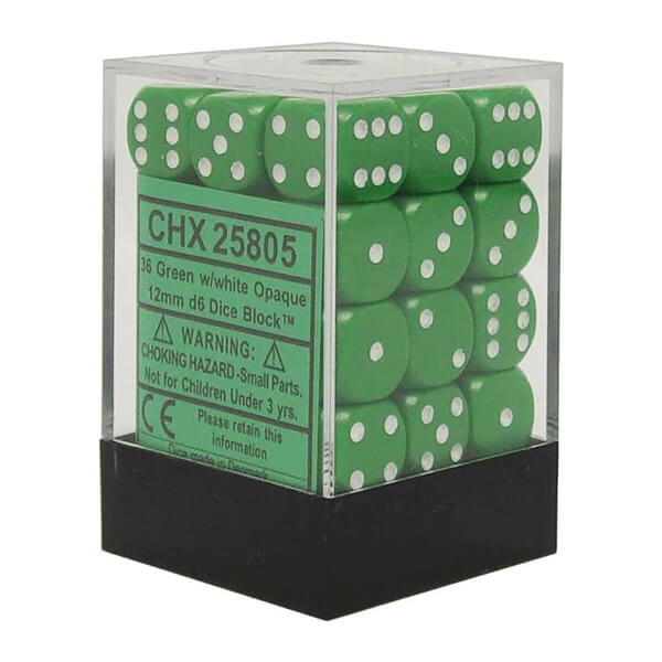 Set of Chessex Green w/White 12mm D6 Dice Blocks (25805) - 36 pcs